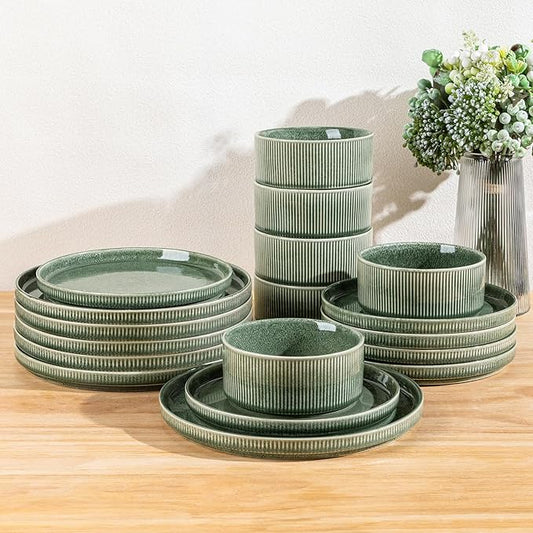 GBHOME Stoneware Dinnerware Sets for 8,Round Reactive Glaze Ceramic Plates and Bowls Set,Highly Scratch Resistant | Dishwasher & Microwave Safe Dishes Set,Service for 8(24Pcs),Dark Green
