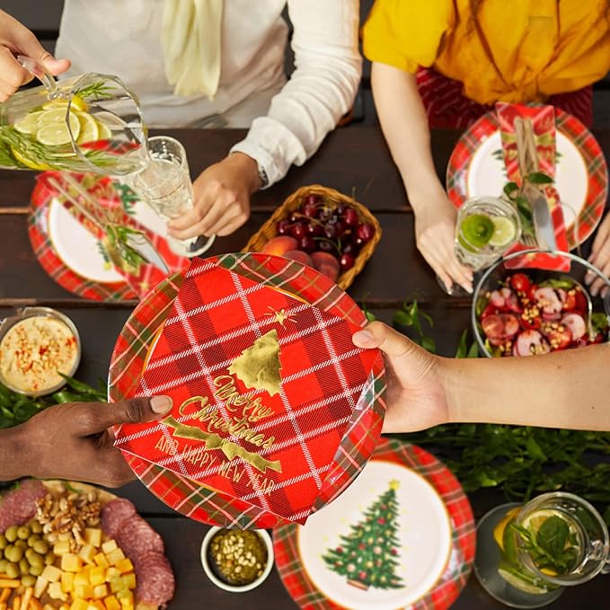 Gatherfun Christmas Party Supplies Christmas Tree Red Plaid Disposable Paper Dinner Plates Dessert Plates and Napkins for Party, Serve 20