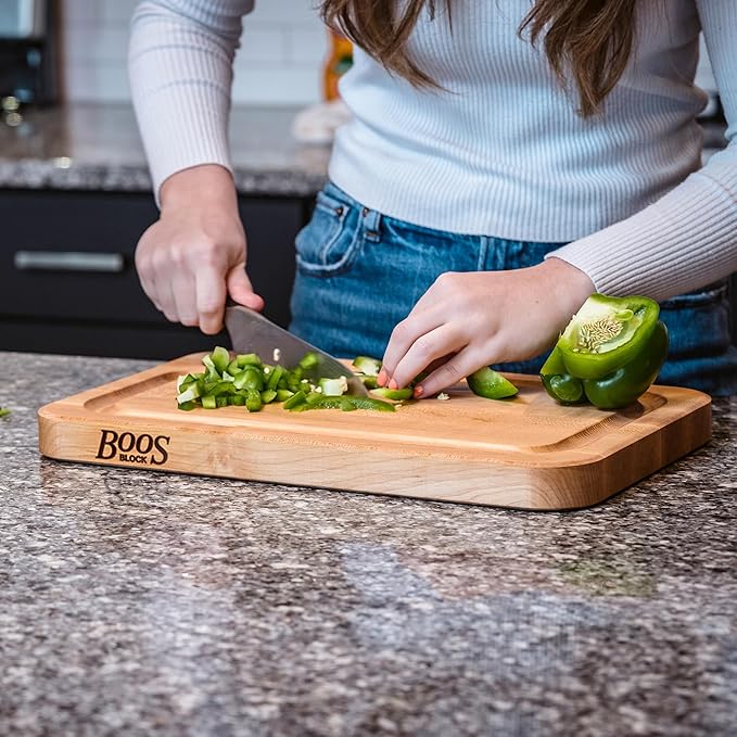 John Boos Prestige Series Rectangular Wooden Maple Cutting Board 22”x16” – 1.25” Thick, 13-lb Reversible Butcher Block with Juice Groove, Edge-Grain & Finger Grip Hole – Made in the USA