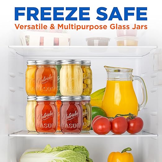 NutriChef 12-Pack 16 oz Mason Jars with Lids - Thick Glass Canning Jars with Stainless Steel Lids - Ideal for DIY Spices, Meal Prep, Overnight Oats, Jelly, Jam, Honey, Candles, Crafts, & More