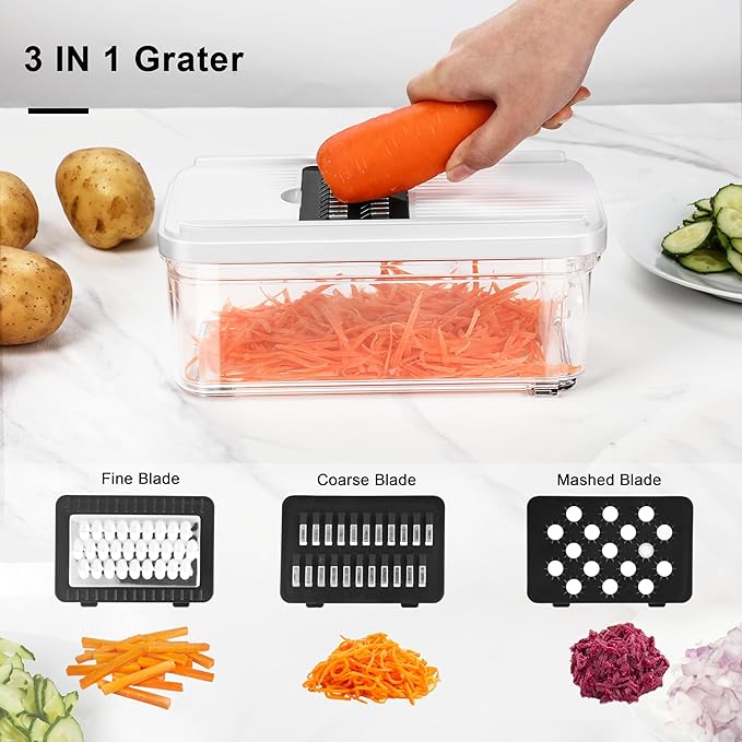 Vegetable Chopper, Professional Food Chopper & Mandoline Slicer with 7 Blades and 900mL Container, Kitchen Gadgets & Home Essentials (White)