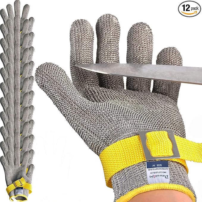 Dowellife ANSI A9 Cut Resistant Glove Food Grade, Stainless Steel Mesh Metal Knife Cutting Glove for Butcher Oyster Shucking Kitchen Mandoline Chef Slicing Fish Fillet(X-Large-12 Pcs)