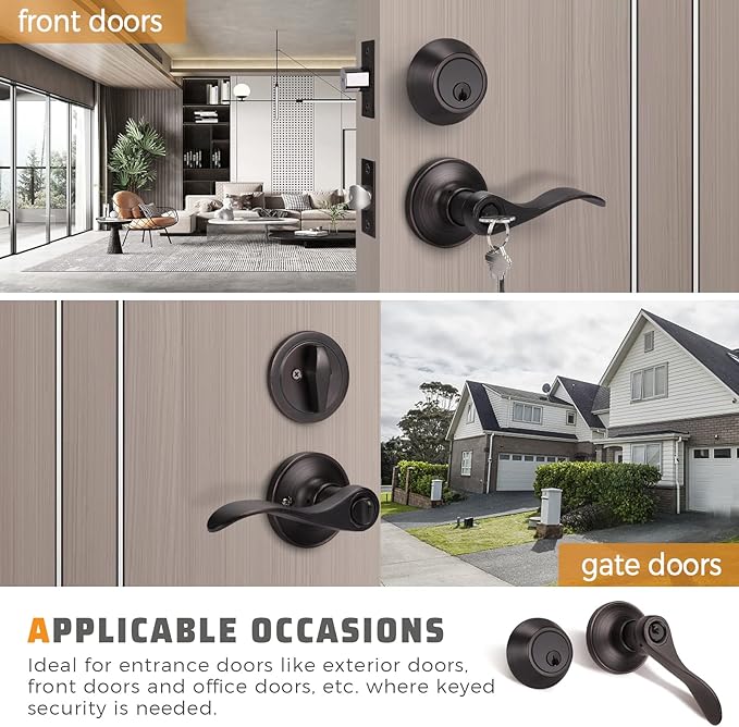 KNOBWELL 1 Pack Keyed Alike Entrance Door Lever Handle Exterior Door Lock Set with Single Cylinder Deadbolt, Front Handle Lever with Deadbolt, Reversible for Right and Left Handing Doors
