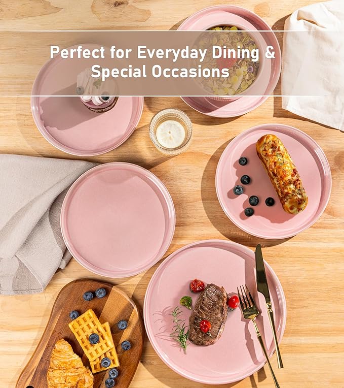 GBHOME Stoneware Dinnerware Sets for 4,Round Reactive Glaze Ceramic Plates and Bowls Set,Highly Scratch Resistant | Dishwasher & Microwave Safe Dishes Set,Service for 4(12Pcs),Pink