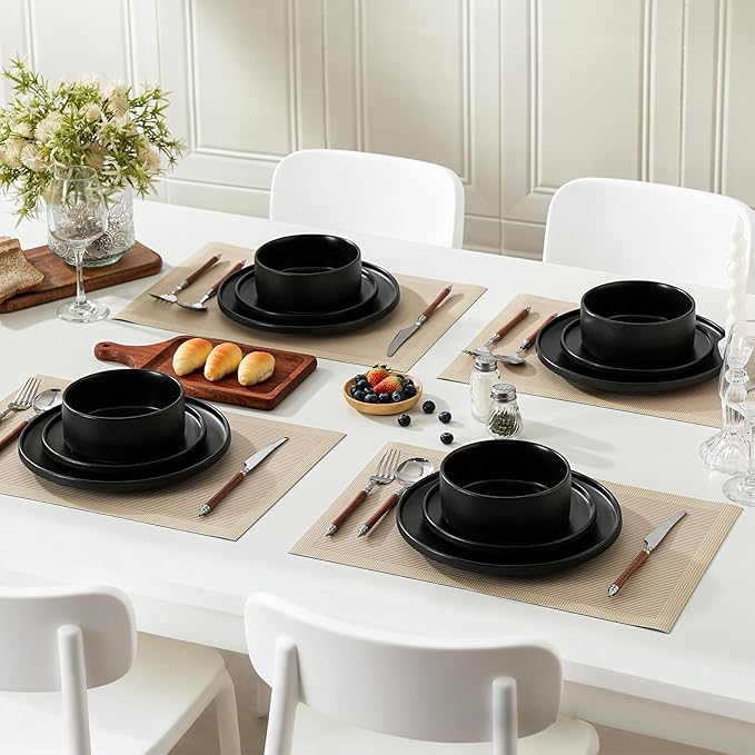Stoneware Dinner Plates Set of 4, 10.25 Inch Plates for Steak, Pasta, Ceramic Plates Sets, Microwave Safe, Dishwasher Safe, Versatile for All Seasons, Matte Black