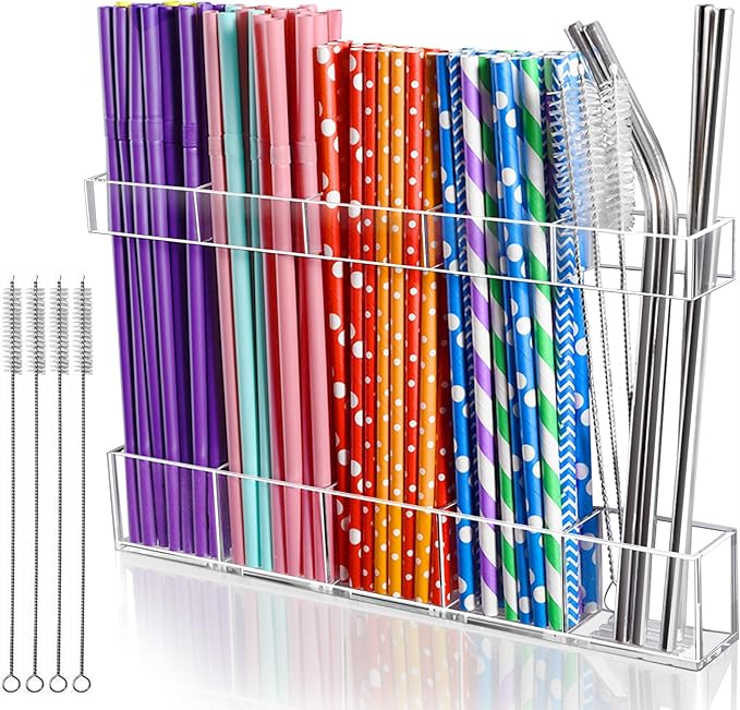 Acrylic Straw Holder for Cabinet Door, Adhesive Cabinet Straw Holder Organizer with 4 Straw Brushes Storage, Clear Kitchen Organization for Storing Reusable Straws, Kitchen Accessories
