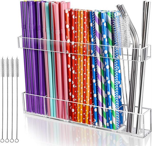 Acrylic Straw Holder for Cabinet Door, Adhesive Cabinet Straw Holder Organizer with 4 Straw Brushes Storage, Clear Kitchen Organization for Storing Reusable Straws, Kitchen Accessories