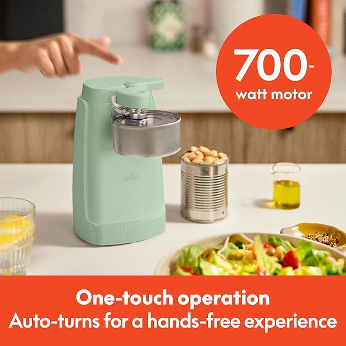 bella Electric Can Opener and Knife Sharpener, Removable Cutting Lever, Cord Storage, Stainless Steel Blade, Seaglass