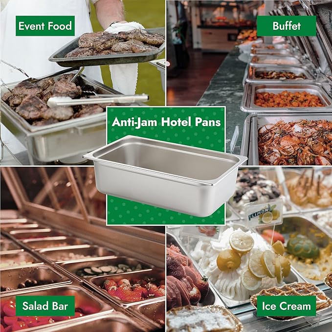 HECMAC 6 Pack Anti-Jam Hotel Pans, Full Size 6 Inch Deep, Commercial Stainless Steel Chafing Steam Table Pan, Catering Storage Metal Food Pan, 23 Gauge