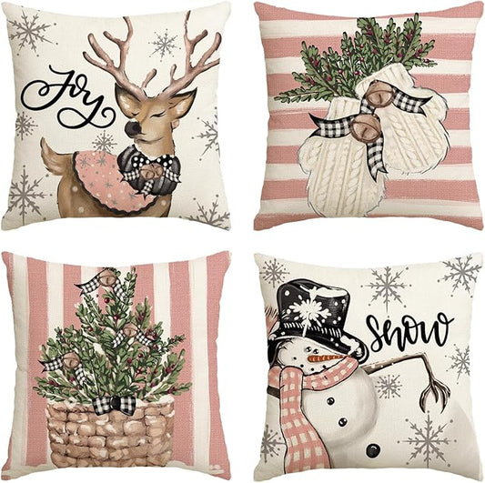 AVOIN colorlife Pink Christmas Snowman Reindeer Gloves Eucalyptus Throw Pillow Covers, 18 x 18 Inch Winter Holiday Stripes Cushion Case Decoration for Sofa Couch Set of 4