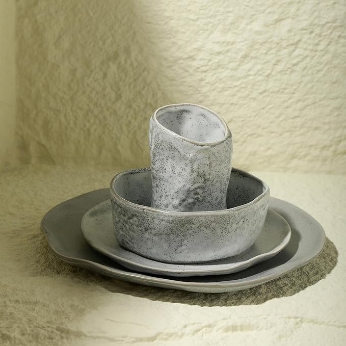 Stone by Mercer Project Atik Modern Stoneware 16-Piece Dinnerware Set, Plate and Bowl Set, Dish set for 4, Grey Speckled