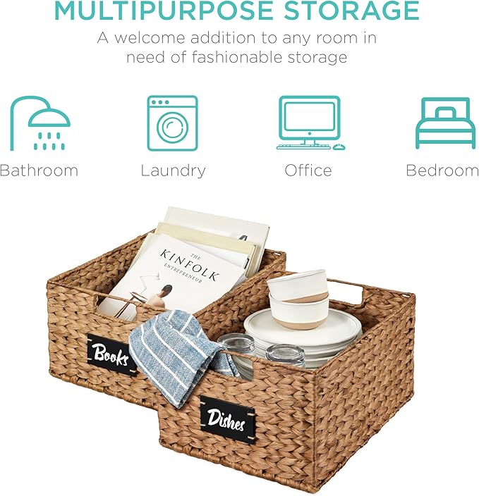 Best Choice Products Pantry Baskets Set of 2 16x12in Water Hyacinth Storage Baskets, Woven Wicker Kitchen Organizers with handles w/Chalkboard Label Chalk Marker - Chestnut