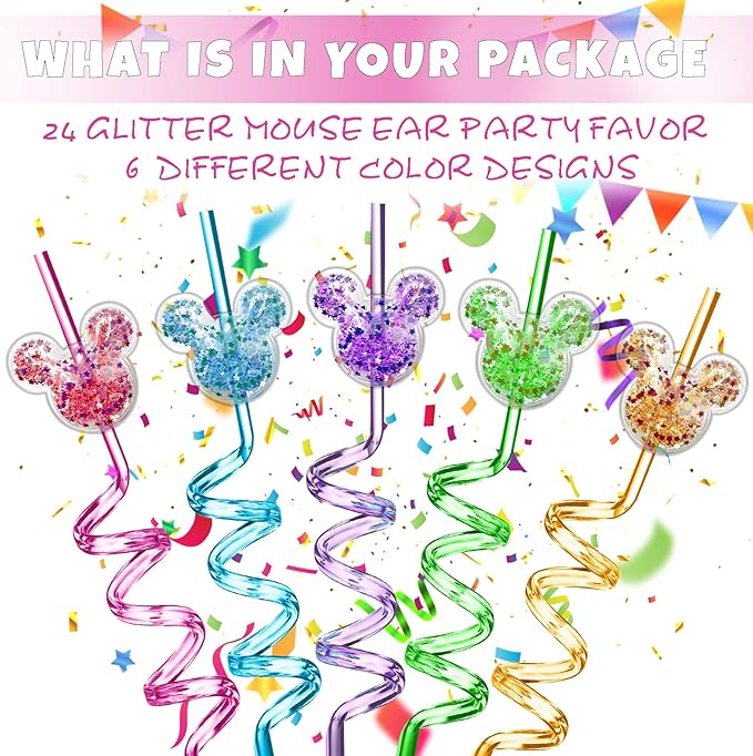 24Pcs Glitter Mouse Straws for Kids Birthday Party Favors Supplies Decorations Crazy Reusable Drinking Straws for Theme Birthday Oh Twodles Party