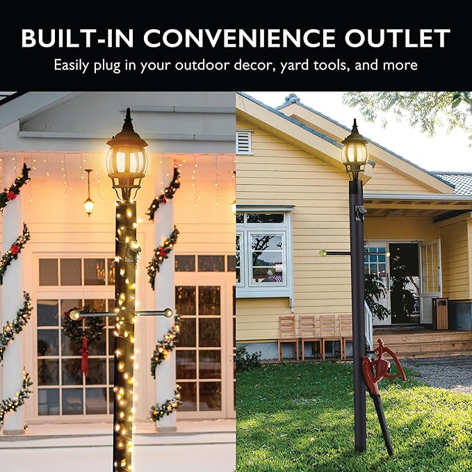 Design House Oakmont Outdoor Lamp Post, Integrated Outlet, Weather-Resistant, Powder-Coated Steel, 15.5-in. Plastic Cross-Arm, Easy Installation, Black, 3 in. Diameter x 80 in. H, 579714