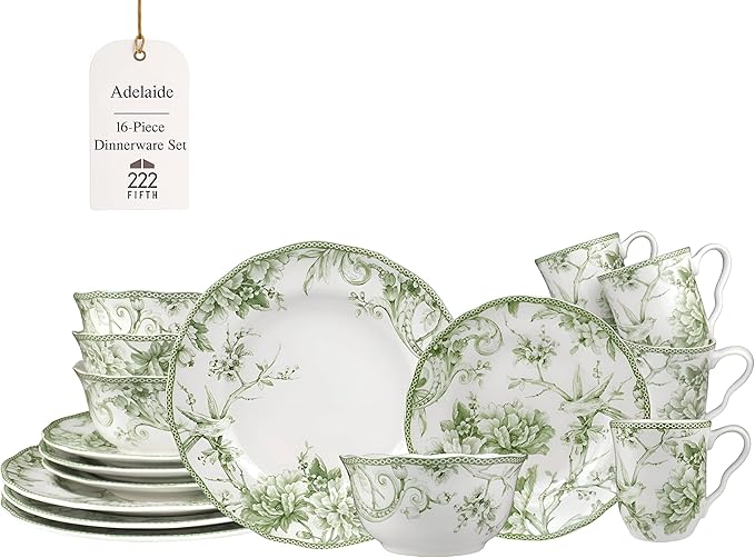 222 Fifth Adelaide Moss 16-Piece Porcelain Dinnerware Set – Service for 4, Plates, Bowls & Mugs, Hand-Applied Decal, Microwave & Dishwasher Safe, for Everyday Dining & Entertainment