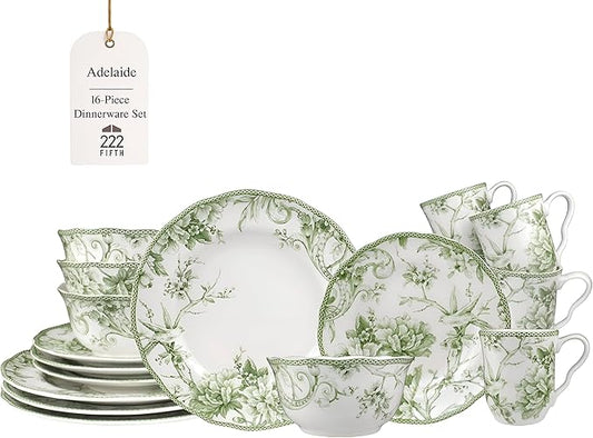 222 Fifth Adelaide Moss 16-Piece Porcelain Dinnerware Set – Service for 4, Plates, Bowls & Mugs, Hand-Applied Decal, Microwave & Dishwasher Safe, for Everyday Dining & Entertainment