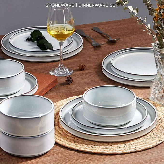 Onader Ceramic Dinnerware Sets for 6, Stoneware Plates and Bowls with Rustic Terracotta Bottom, Elegant Kitchen Dinner Dish Set, 18-Piece Dishware Tableware - Glacier White
