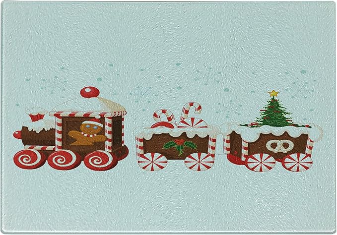 Ambesonne Christmas Cutting Board, Train Gingerbread Cream Candy Cartoon Toys Snowflakes Presents, Decorative Tempered Glass Cutting and Serving Board, Small Size, White Brown Vermilion