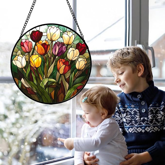 Stained Glass Window Hanging Colorful Tulip 9.8" - Flower Suncatcher Door Garden Sun Catcher Home Plant Decor Birthday Mother's Day for Mom Woman Friend Nana Colleague