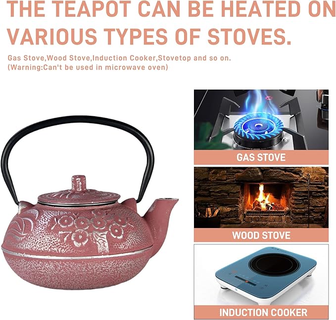 27oz Small Cast Iron Teapot, SECHUDO Pink Tea Kettle for Stovetop, Japanese Tea Pot with Stainless Steel Infuser for Loose Tea, Enameled Interior, Good Gift for Tea Lovers(800ML)