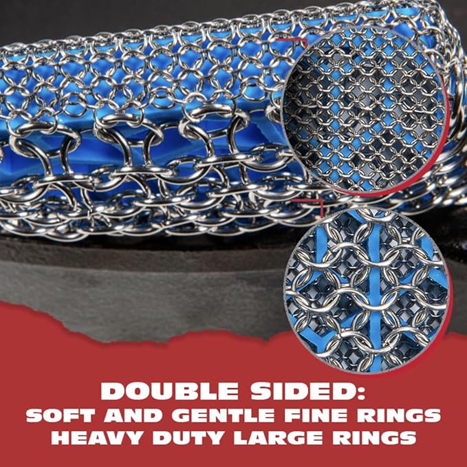 Knapp Made Combo Chainmail Cast Iron Scrubber with Silicone Core - Heavy Duty Rings and Fine Chainmail Rings -Premium Cast Iron Cleaner Chainmail Scrubber -Perfect for Cast Iron Cookware,Skillet,Woks