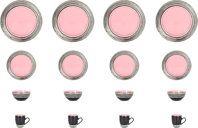 16 Piece Dinnerware Set, Ceramic Plates and Bowls Sets for 4, Microwave and Dishwasher Safe, Handcrafted Tree Bark Series Dish Set, Rose/Pink