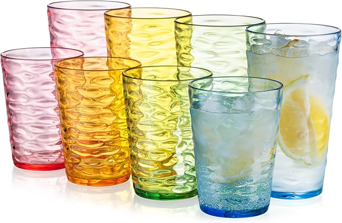 14-ounce and 20-ounce Plastic Tumblers, Acrylic Drinking Glasses, set of 8 Multicolor Reusable Plastic Cups, Stackable, BPA-Free, Shatter-Proof, Dishwasher-Safe