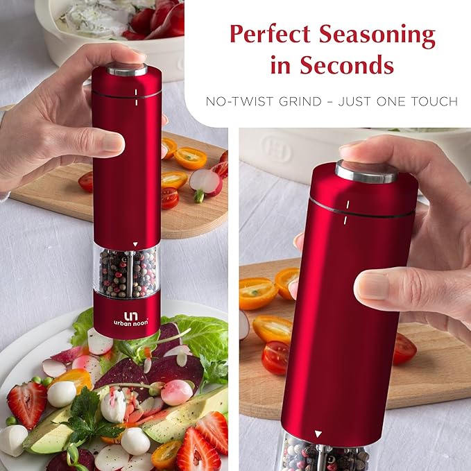 Electric Salt and Pepper Grinder Set - 2 Battery Operated Stainless Steel Mills with Light (Elegant Red Burgundy) - Automatic One Handed Operation - Electronic Adjustable Shakers - Ceramic Grinders