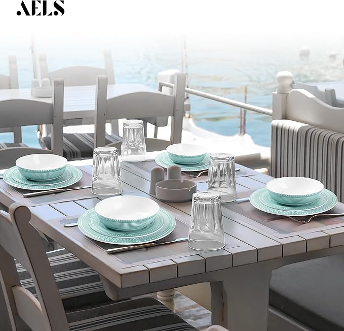 AELS Melamine Dinnerware Set of 12 Pcs, Dinner Dishes Set for Indoor and Outdoor Use, Melamine Plates and Bowls Set for 4, Dishwasher Safe, Lightweight Unbreakable, BPA Free, Green