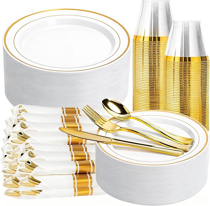350PCS Gold Plastic Plates Dinnerware Set, Thanksgiving Disposable Plates, 50 Dinner and 50 Dessert Plates, 50 Pre Rolled Napkins with Silverware and 50 Cups for Party and Wedding