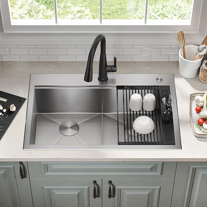 DELTA FAUCET Rivet 33-Inch Workstation Kitchen Sink Drop-In Top Mount 16 Gauge Stainless Steel 50/50 Double Bowl with WorkFlow Ledge and Chef’s Kit of 8 Accessories, 95A931-33D-SS