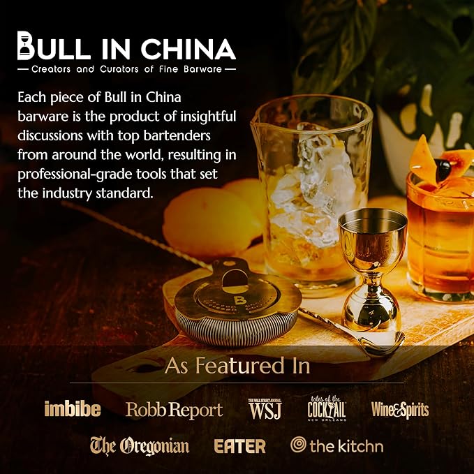 4 Piece Cocktail Kit by Bull In China - 100% Brass Premium Bartender Gift Set Includes Flagship Mixing Glass, 12 inch Barspoon, Bell Jigger & Hawthorne Strainer For Professional & Home Bars (Brass)