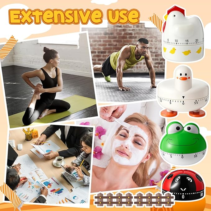 Amylove 4 Pieces Cute Kitchen Timer, Animal Mechanical Manual, Chick, Frog, Duck, Ladybug, 60 Minutes Loud Alarm Egg Windup Timer, for Adults Christmas Home Cooking Baking Fitness Beauty