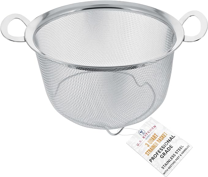 U.S. Kitchen Supply Stainless Steel Colander Strainer Basket - 3-Quart Colander with Resting Feet & Handles - Wide Rim Sieve, Stainless Steel Strainers and Colanders for Kitchen