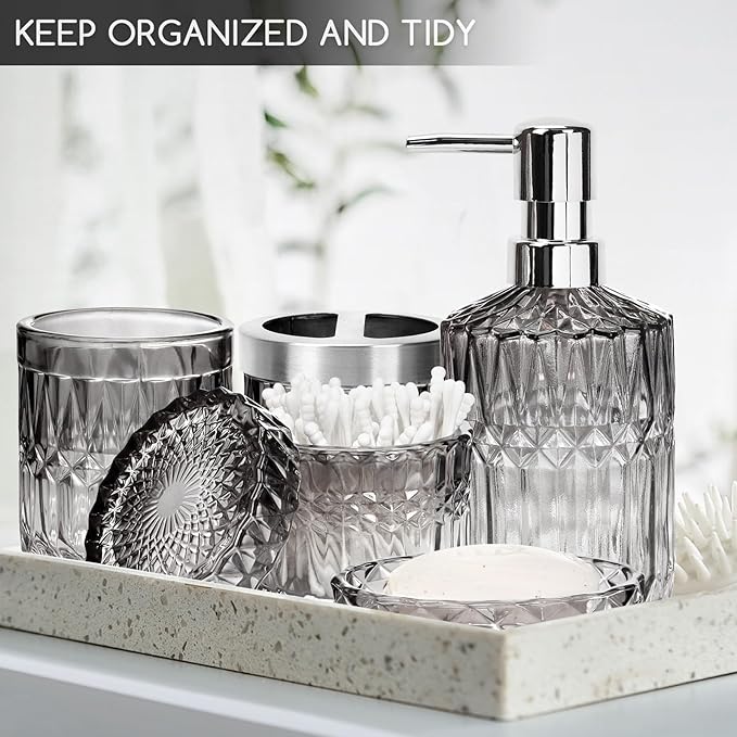 Black Bathroom Accessories Set, 5 Pcs Vintage Diamond Clear Glass Bathroom Set Include Lotion Soap Dispenser, Soap Dish, Toothbrush Holder, Tumbler, Cotton Swab Jar for Modern Bath Countertop Decor