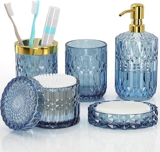 Blue Bathroom Accessories 5 Pcs, Glass Bathroom Accessory Set, Vintage Blue Bathroom Set, Soap Dispenser and Toothbrush Holder Set, Qtip Holder, Bathroom Sets Complete, Modern Bathroom Decor