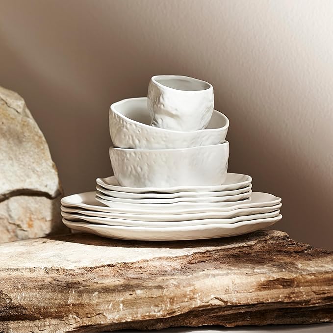 Stone by Mercer Project Atik Modern Stoneware 32-Piece Dinnerware Set, Plate and Bowl Set, Dish set for 8, White