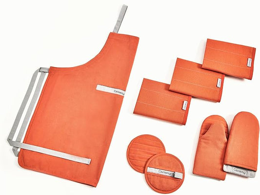 Caraway Linen Set - Apron, Pot Holders, Oven Mitts, & Tea Towels - 100% Organic Cotton - Durable, Machine Washable