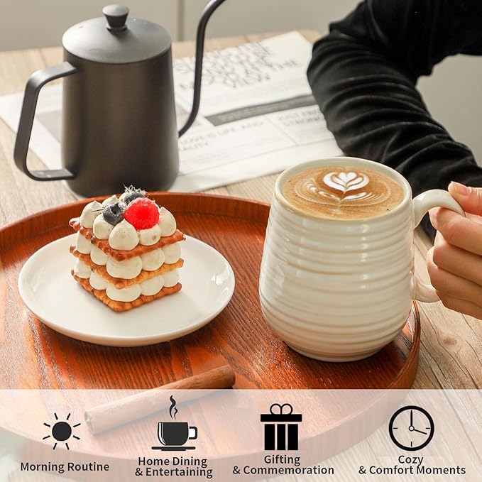 HASENSE Coffee Mugs Set of 2, 20 oz Ceramic Coffee Cups for Men and Women, Premium Large Tea Cups Gift Box with Coaster & Gold Spoon, Couple Mugs for Christmas Wedding Gift, Clay-Infused White