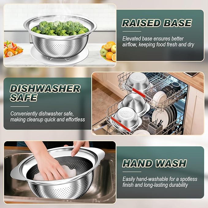 Stainless Steel Colander - 3Pcs Colander for Kitchen - Strainers and Colanders, Kitchen Presents, Food Strainer Basket with Handle for Veggie Wash, Fruits, Spaghetti, Pasta, 2QT, 2QT, 3QT Bowl