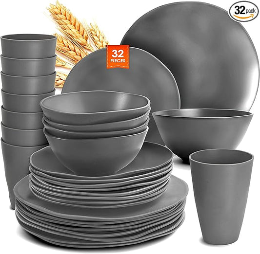 Teivio 32-Piece Kitchen Plastic Wheat Straw Dinnerware Set, Service for 8, Dinner Plates, Dessert Plate,Cereal Bowls,Cups, Unbreakable Plastic Outdoor Camping Dishes,Irregular Deep Gray