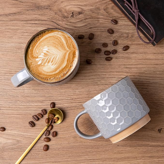 GBHOME 12OZ Stackable Coffee Mugs, Ceramic Coffee Mugs with Texture Patterns for Man,Woman,Dad,Mom, Modern Coffee Cups Set of 4 for Latte/Cappuccino/Cocoa. Dishwasher&Microwave Safe, Gray
