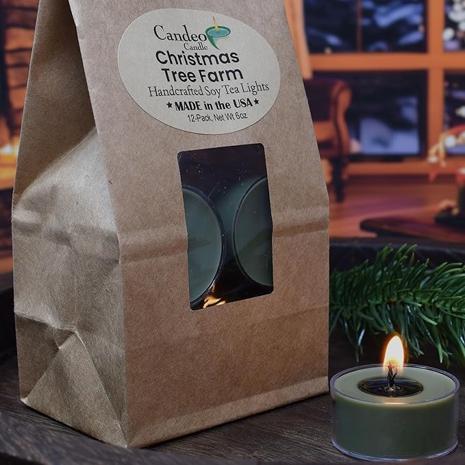 Candeo Candle Woodsy Winter Tealights 12 Pack Soy Beeswax Blend – Winter Lodge, Fraser Fir, O Christmas Tree, Clove & Holiday Home – Cozy Cabin Holiday Candles Handmade USA (Christmas Tree Farm)
