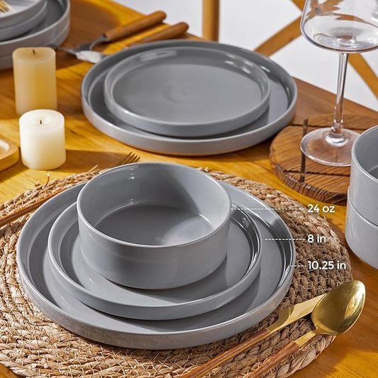AmorArc Ceramic Dinnerware Set for 8 | Speckled Stoneware Plates and Bowls with Rustic Terracotta Underside| Scratch Resistant,Dishwasher & Microwave Safe Dishes Sets- 24pcs Gray