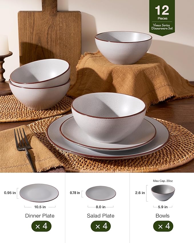 Famiware Venus Plates and Bowls Sets, 12 Pieces Stoneware Speckled Dinnerware Sets, Dishes Set for 4, Microwave and Dishwasher Safe, Matte Light Grey