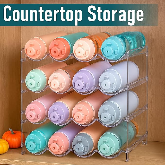 Water Bottle Organizer Stackable 4 Tier Rack for 32oz - 40oz Water Bottle Storage, Travel Mugs & Wine Clear Bottle Organizer, BPA Free Plastic and Water Bottle Holder for Cabinet, Fridge & countertop
