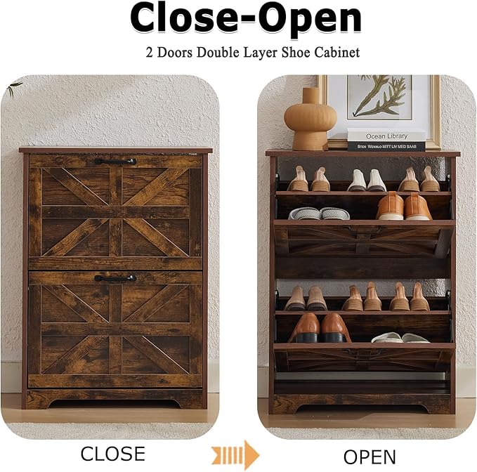 Shoe Storage Cabinet with Bench, Farmhouse Shoe Organizer with Barn Door Design, Space-Saving Hidden Narrow Shoe Rack Cabinet for Entryway, Hallway & Foyer，White