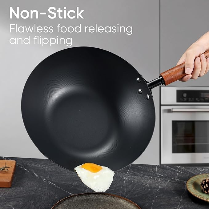 CAROTE 12" Carbon Steel Wok Pan, 4.5QT Woks & Stir-fry Pans, No Chemical Coated Pre-Seasoned Flat Bottom Wok with Lid for Stir Fry, BBQ, Grill & Camping, All Stovetop Compatible, Black