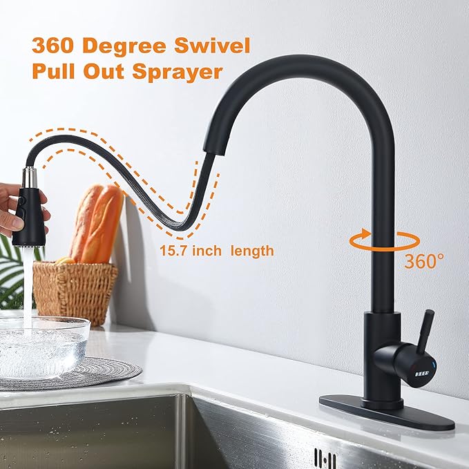 Keer Matte Black Single Handle Pull Down Kitchen Faucet with Soap Dispenser, 3 Modes Sprayer, Deep Plating Metal Finish, Easy Assembly, 20-Inch