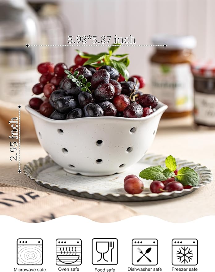 Gomakren Ceramic Berry Basket Set of 2, Rustic Fruit Basket Container 6 Inch, Fruit Bowl with Holes for Kitchen, Berries, Strawberry, Grape, Cherry, Floral Shape - Cream White